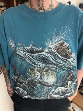 Vintage 90s Salmon Large Print Teal Blue Graphic Tee USA ~ Size Large
